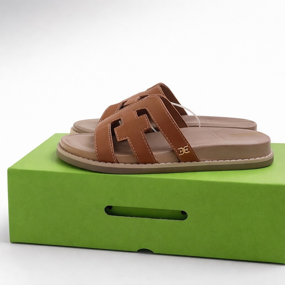 Sam Edelman Valeri Mini Leather Slide Sandals Girls 12 Saddle Brown NWT - Picture 2 of 5